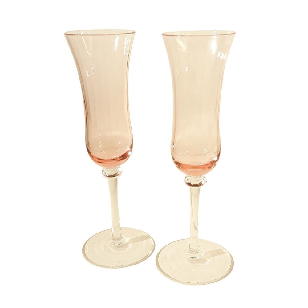 Vintage 2 Pink Optic Fluted Champagne Glass Clear Stems Vintage Estate
